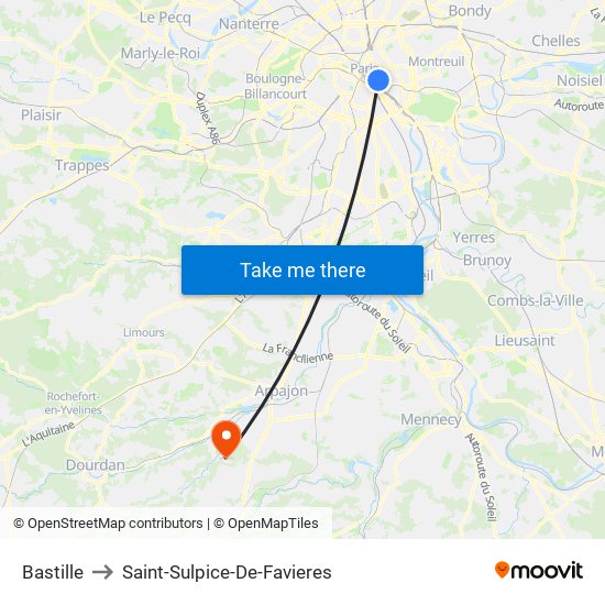 Bastille to Saint-Sulpice-De-Favieres map