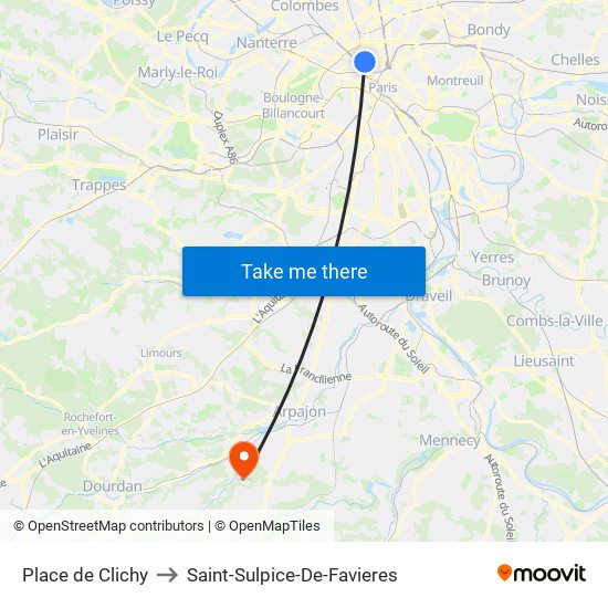 Place de Clichy to Saint-Sulpice-De-Favieres map