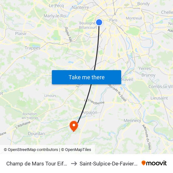Champ de Mars Tour Eiffel to Saint-Sulpice-De-Favieres map