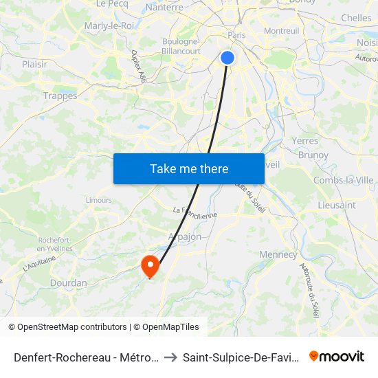 Denfert-Rochereau - Métro-Rer to Saint-Sulpice-De-Favieres map
