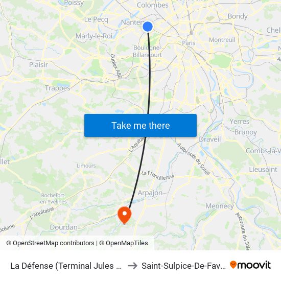 La Défense (Terminal Jules Verne) to Saint-Sulpice-De-Favieres map