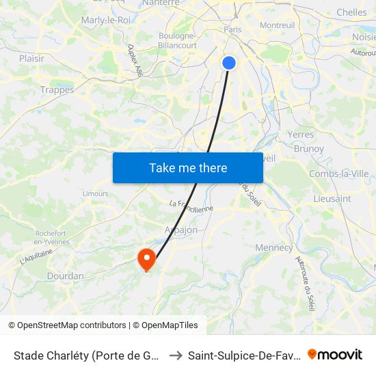 Stade Charléty (Porte de Gentilly) to Saint-Sulpice-De-Favieres map