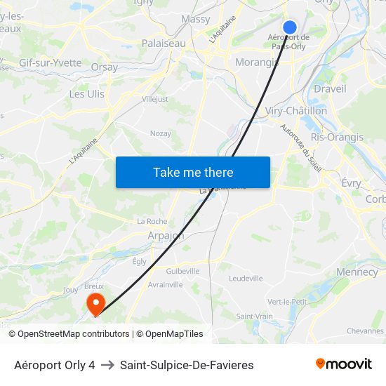 Aéroport Orly 4 to Saint-Sulpice-De-Favieres map