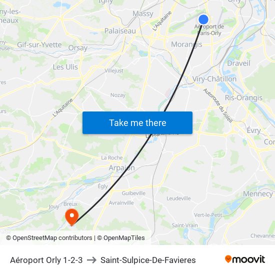 Aéroport Orly 1-2-3 to Saint-Sulpice-De-Favieres map