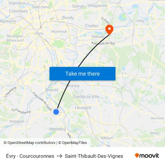 Évry - Courcouronnes to Saint-Thibault-Des-Vignes map