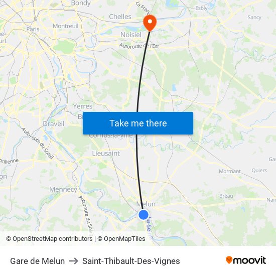 Gare de Melun to Saint-Thibault-Des-Vignes map