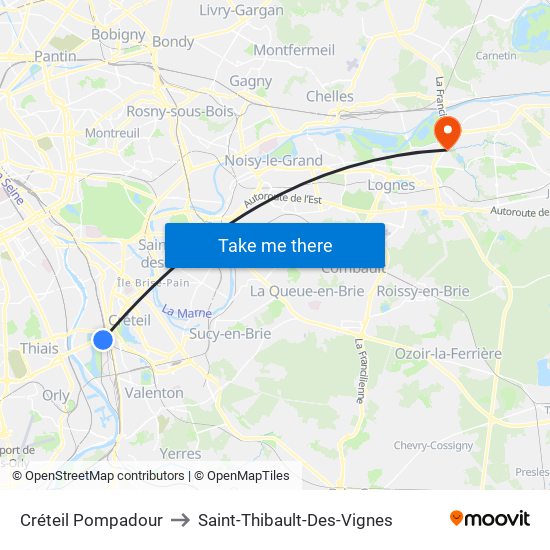 Créteil Pompadour to Saint-Thibault-Des-Vignes map