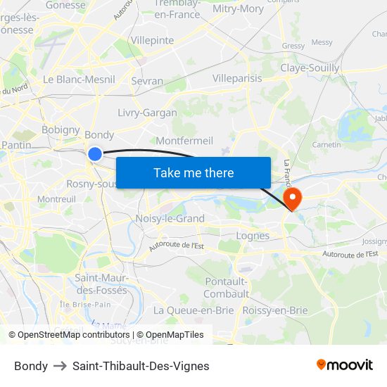Bondy to Saint-Thibault-Des-Vignes map