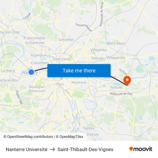 Nanterre Université to Saint-Thibault-Des-Vignes map