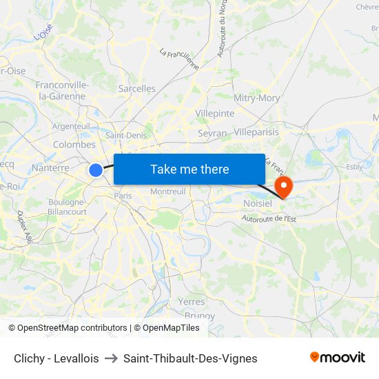 Clichy - Levallois to Saint-Thibault-Des-Vignes map