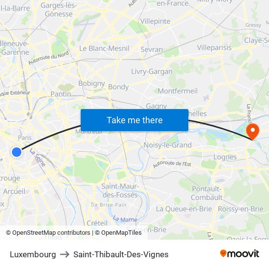 Luxembourg to Saint-Thibault-Des-Vignes map