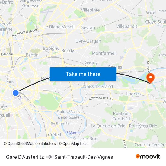 Gare D'Austerlitz to Saint-Thibault-Des-Vignes map