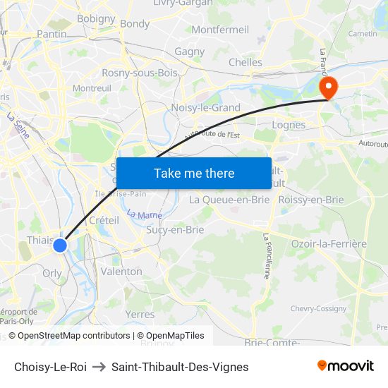 Choisy-Le-Roi to Saint-Thibault-Des-Vignes map