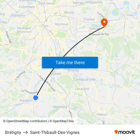 Brétigny to Saint-Thibault-Des-Vignes map