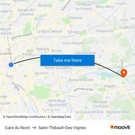 Gare du Nord to Saint-Thibault-Des-Vignes map