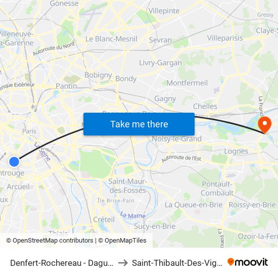 Denfert-Rochereau - Daguerre to Saint-Thibault-Des-Vignes map