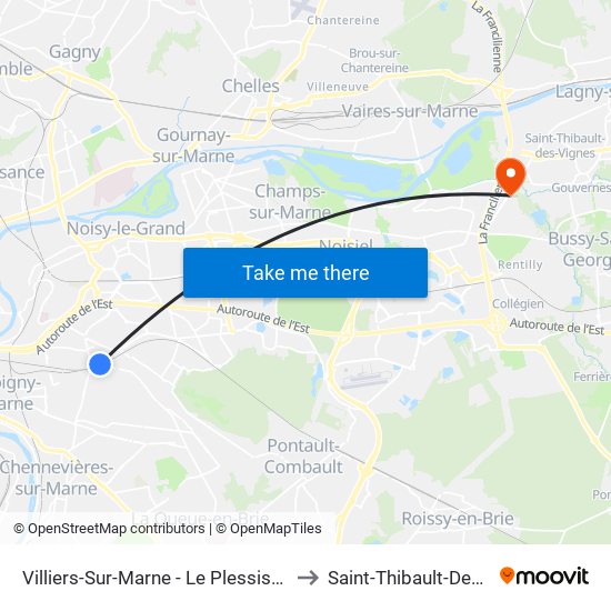 Villiers-Sur-Marne - Le Plessis-Trévise RER to Saint-Thibault-Des-Vignes map