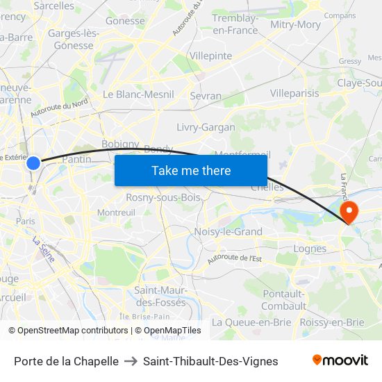 Porte de la Chapelle to Saint-Thibault-Des-Vignes map