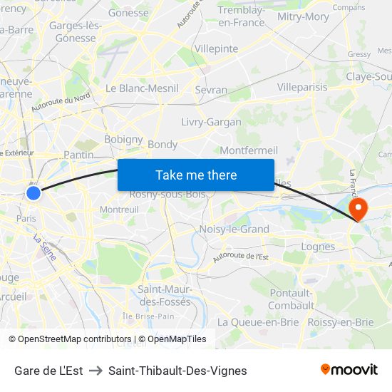 Gare de L'Est to Saint-Thibault-Des-Vignes map