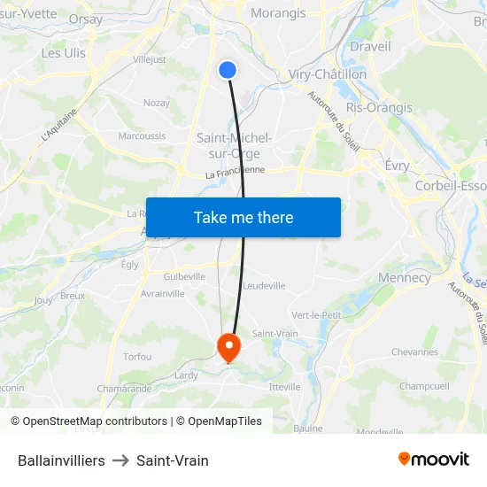 Ballainvilliers to Saint-Vrain map