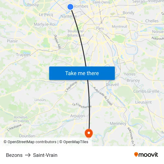 Bezons to Saint-Vrain map