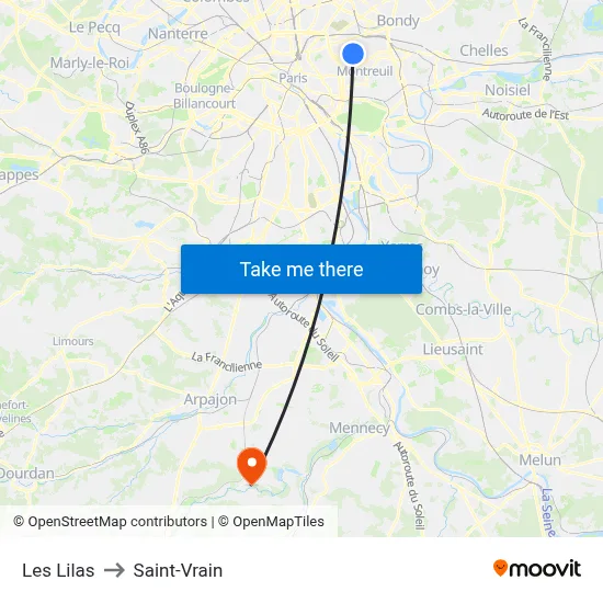 Les Lilas to Saint-Vrain map
