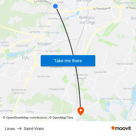 Linas to Saint-Vrain map