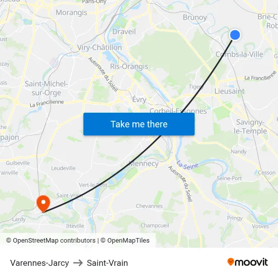 Varennes-Jarcy to Saint-Vrain map