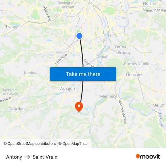 Antony to Saint-Vrain map