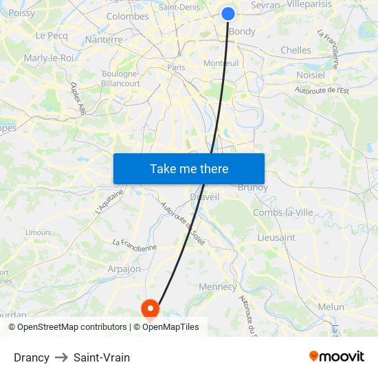 Drancy to Saint-Vrain map