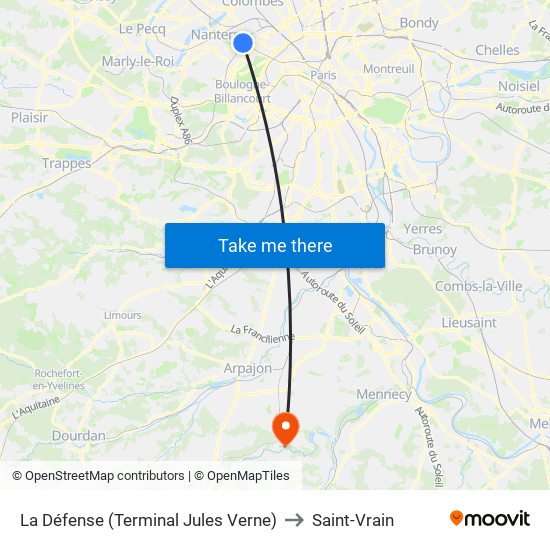 La Défense (Terminal Jules Verne) to Saint-Vrain map
