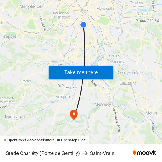 Stade Charléty (Porte de Gentilly) to Saint-Vrain map