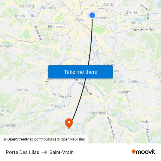 Porte Des Lilas to Saint-Vrain map