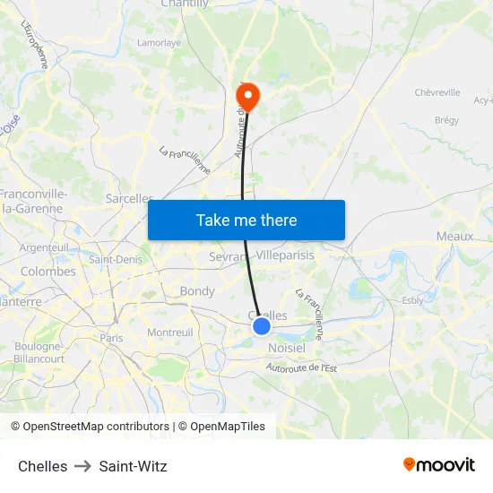 Chelles to Saint-Witz map