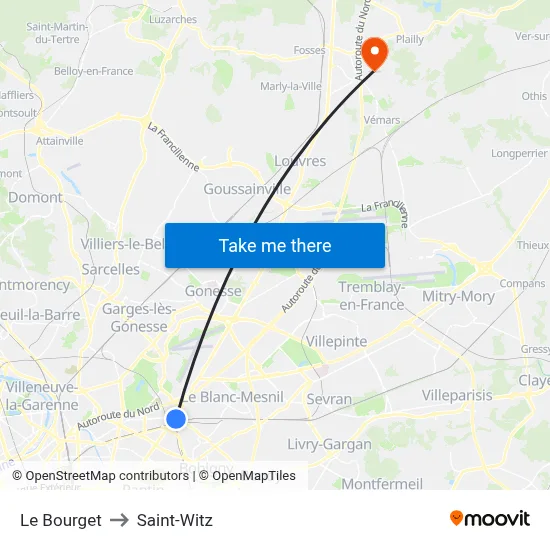 Le Bourget to Saint-Witz map