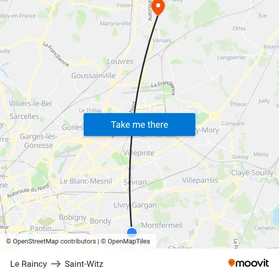 Le Raincy to Saint-Witz map