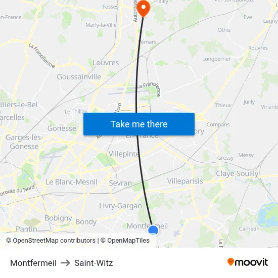 Montfermeil to Saint-Witz map