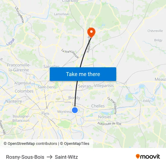 Rosny-Sous-Bois to Saint-Witz map