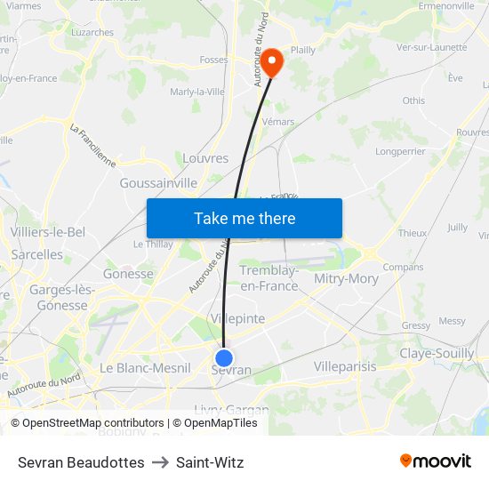 Sevran Beaudottes to Saint-Witz map