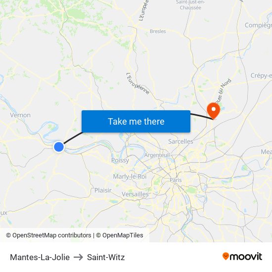 Mantes-La-Jolie to Saint-Witz map
