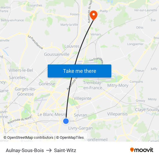 Aulnay-Sous-Bois to Saint-Witz map