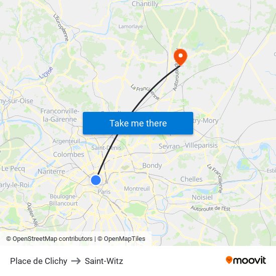 Place de Clichy to Saint-Witz map