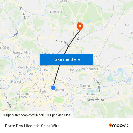 Porte Des Lilas to Saint-Witz map