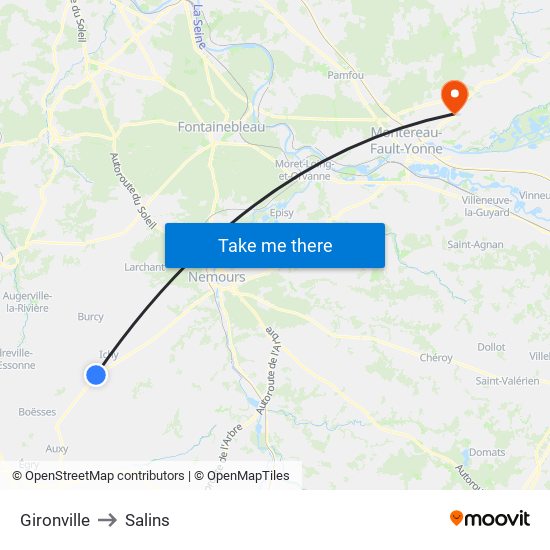 Gironville to Salins map