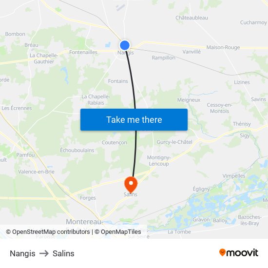 Nangis to Salins map