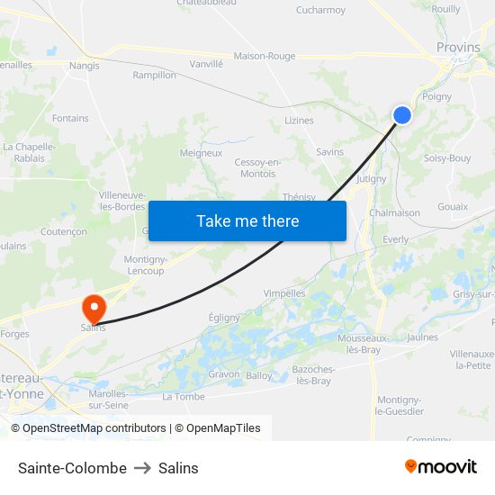 Sainte-Colombe to Salins map