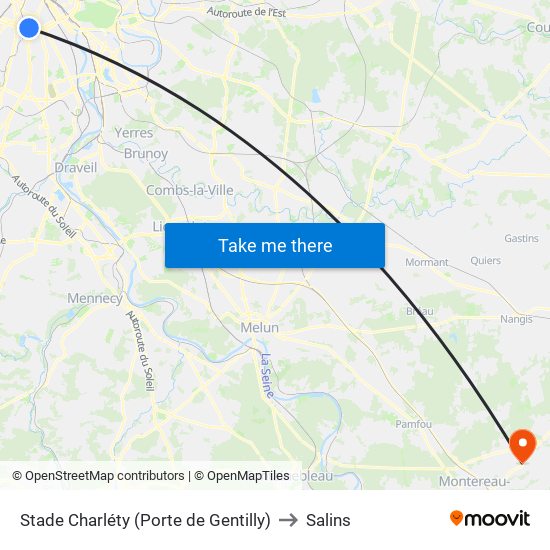 Stade Charléty (Porte de Gentilly) to Salins map