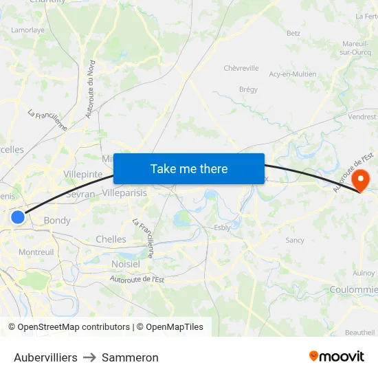 Aubervilliers to Sammeron map