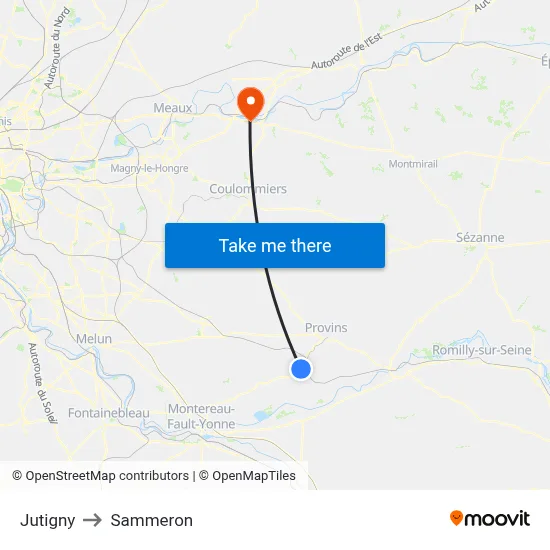 Jutigny to Sammeron map