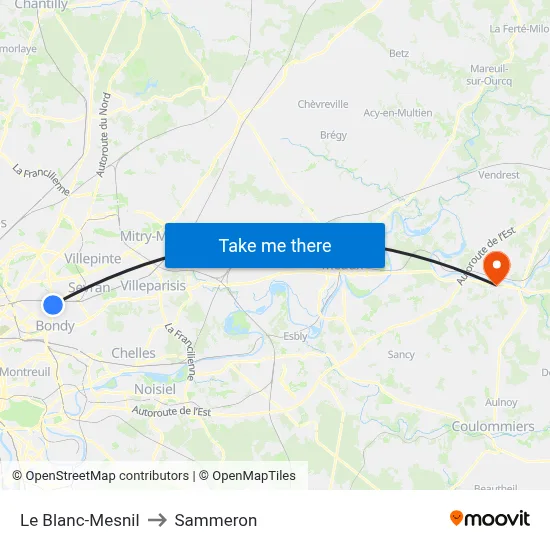 Le Blanc-Mesnil to Sammeron map